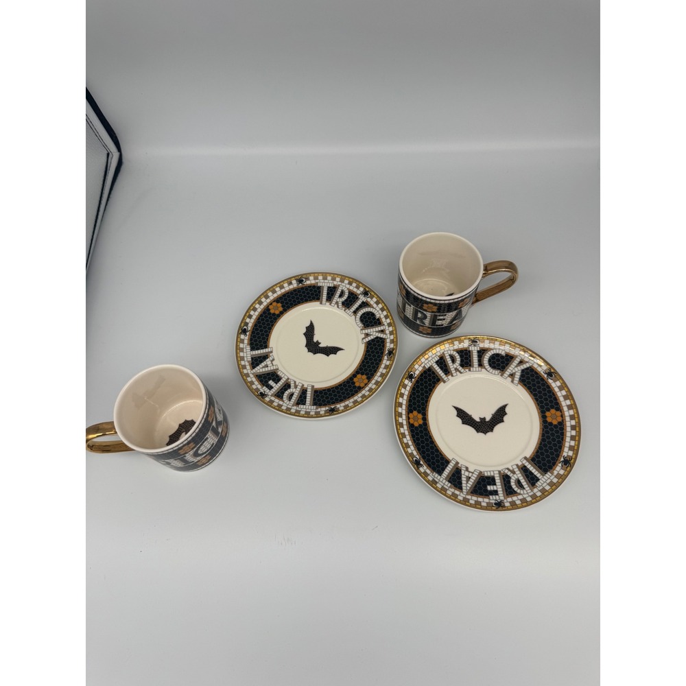 Anthropologie Bistro Tile Trick or Treat Espresso Cup and Saucer Set Halloween - Picture 5 of 6